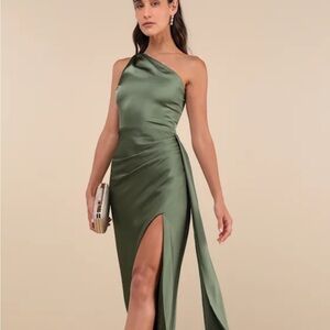 Signature Elegance Olive Green Satin One-Shoulder Maxi Dress